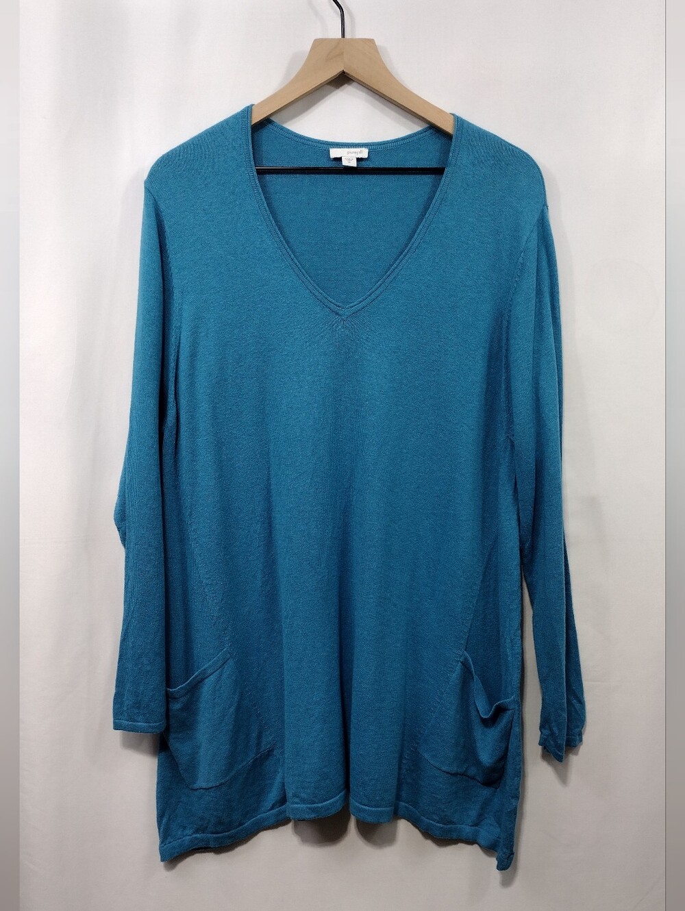 Pure Jill V-Neck Long-Sleeve Pocket Lightweight Sweater Women XL Teal Mininalist